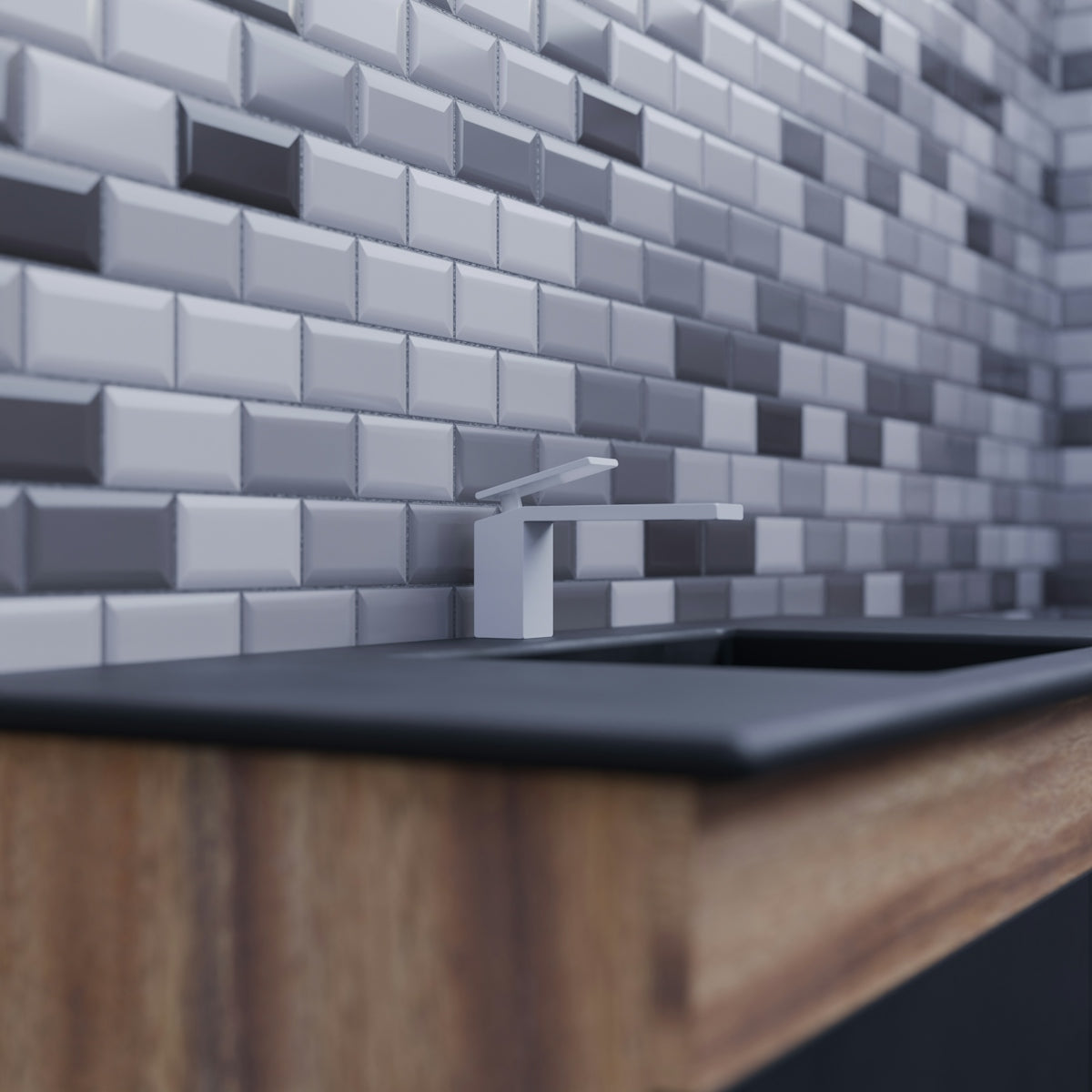 A kitchen counter with a sink and a counter top