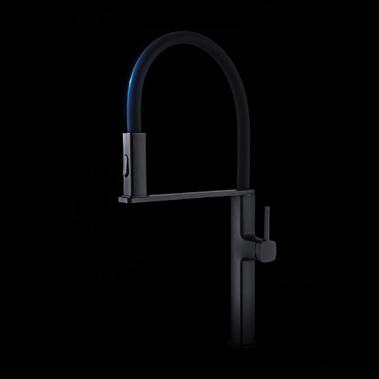 Modern premium black kitchen faucet with blue light on a black background