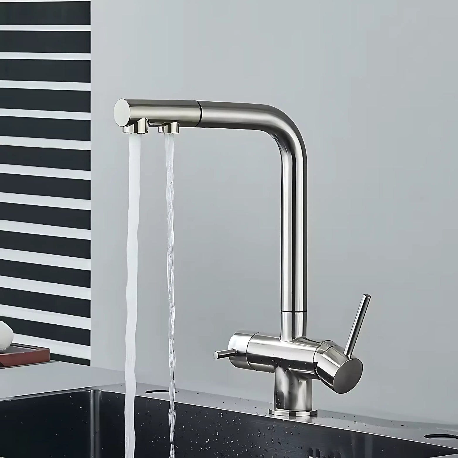 3-Way Pull-Out Modern kitchen faucet with water flowing in a kitchen setting