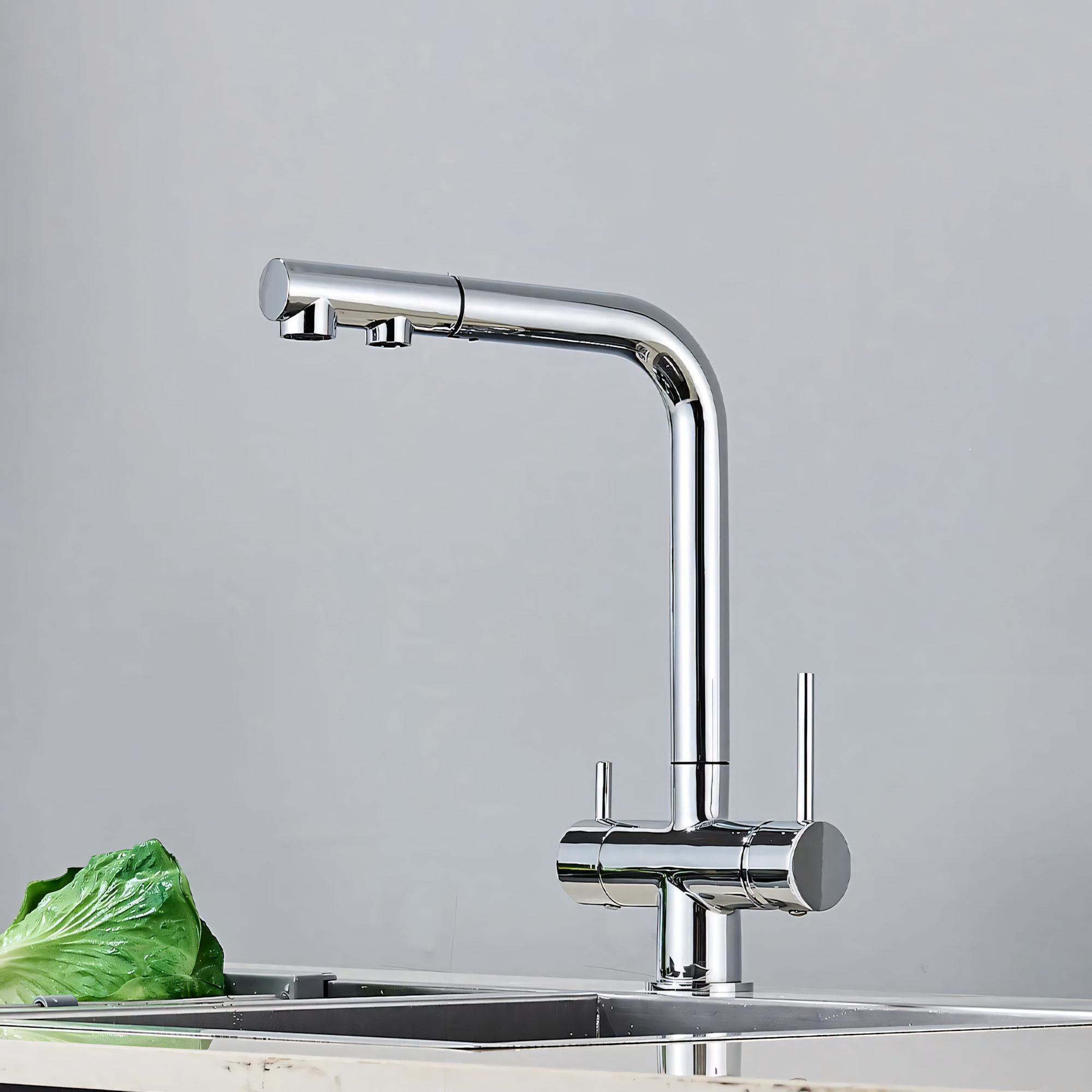 3-Way Pull-Out Chrome kitchen faucet with a gray background