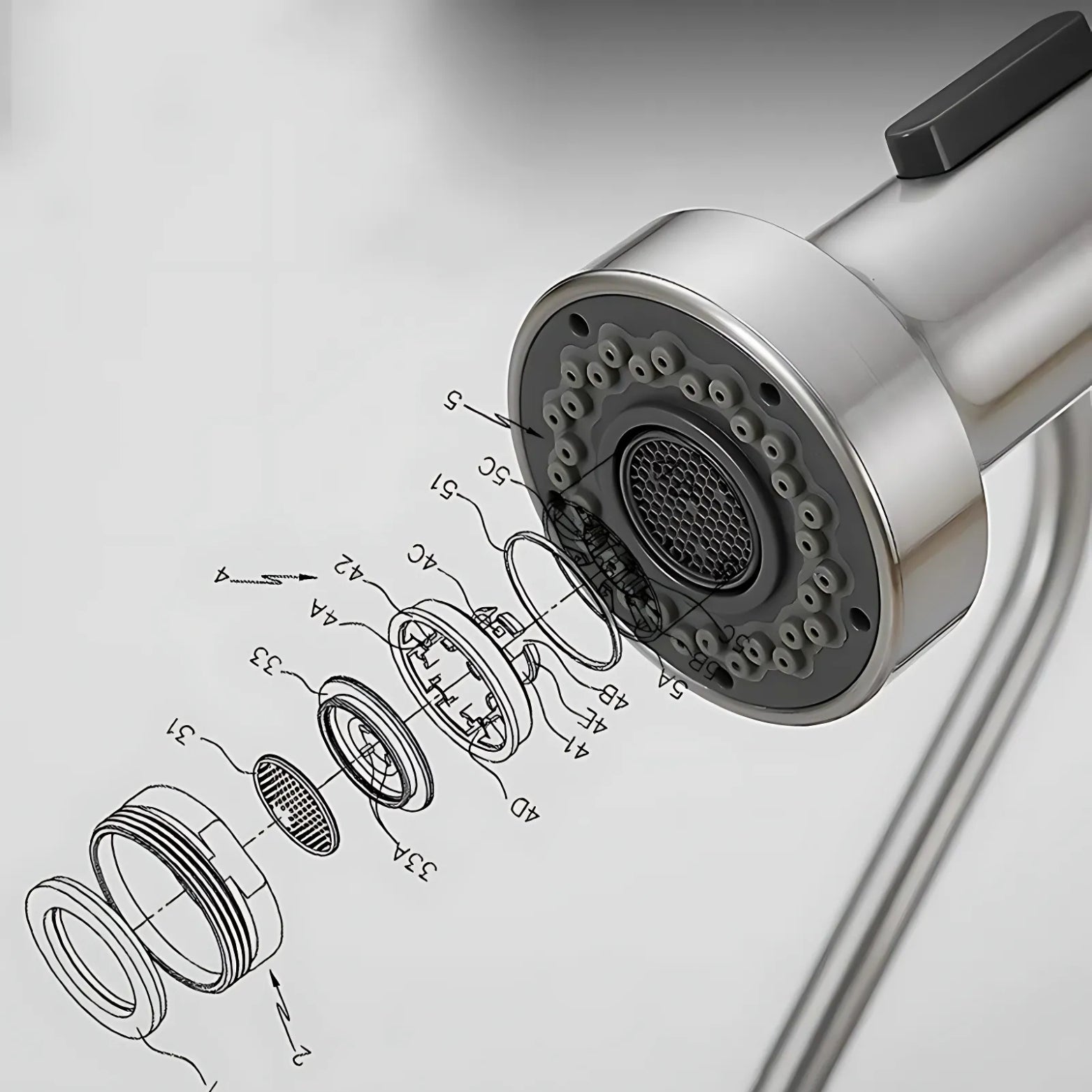 Shower head with a detailed diagram of its components on a light gray background