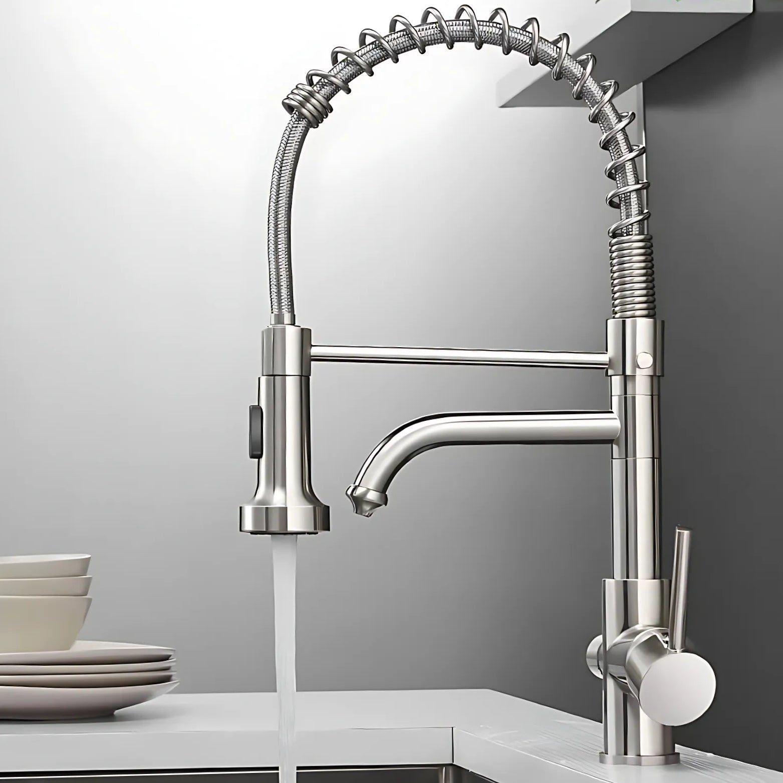 Modern kitchen faucet with a flexible spray head on a neutral background