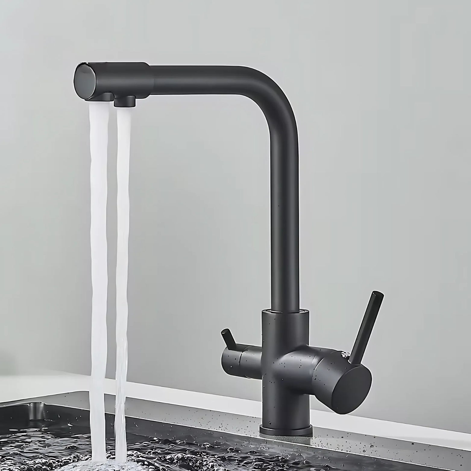 Black 3-way kitchen faucet with filter tap