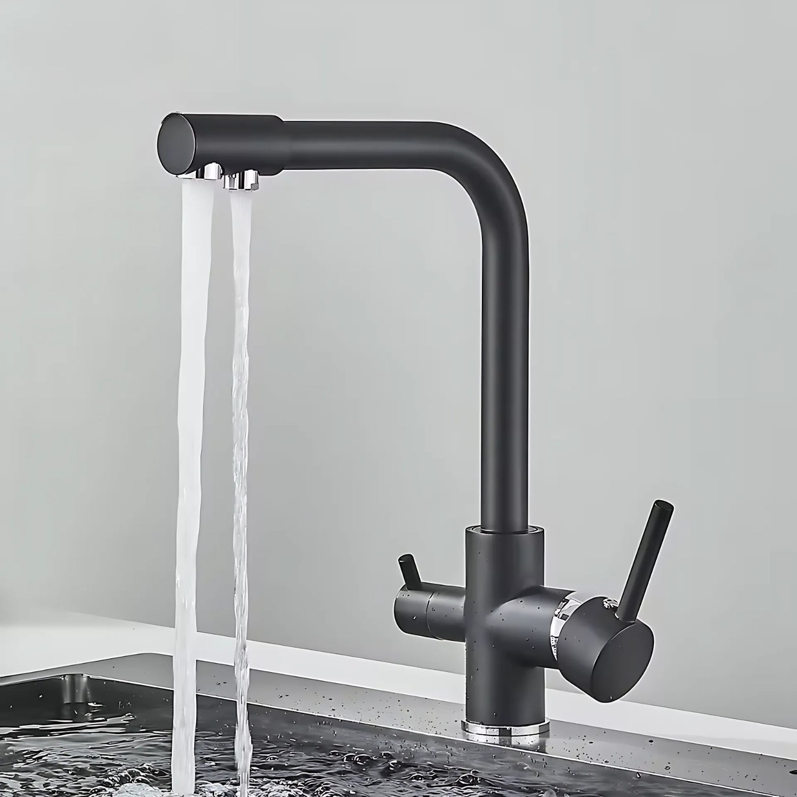 Black/chrome 3-way kitchen faucet with filter tap