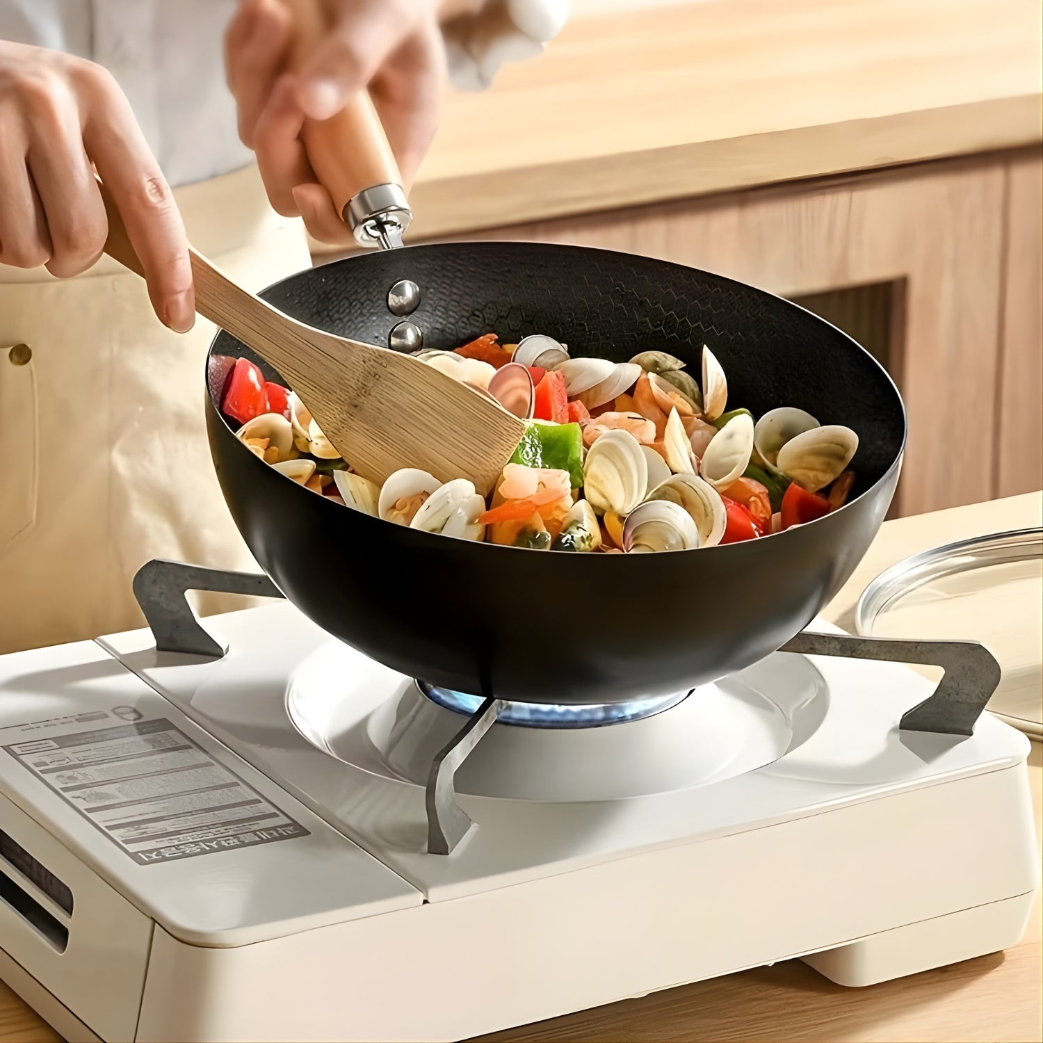 Person cooking vegetables and clams in a wok on a portable stove.