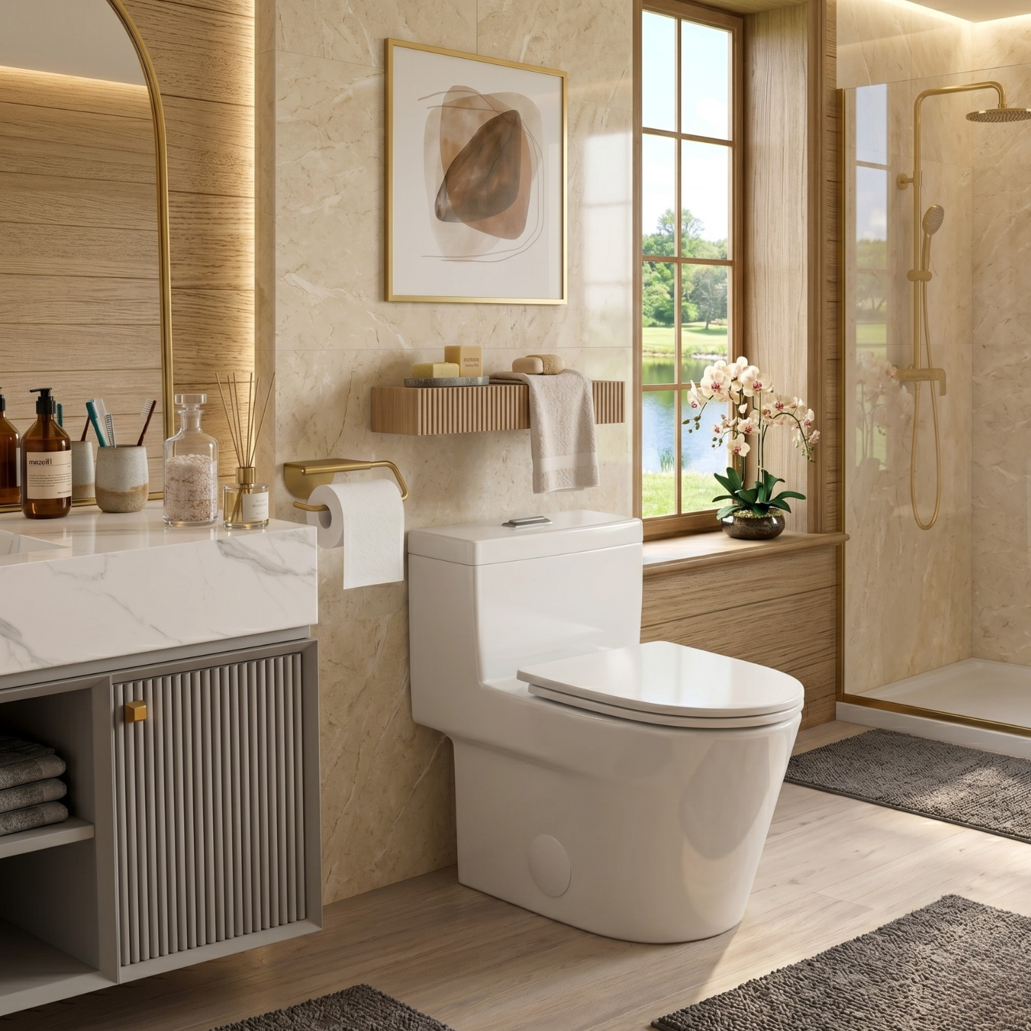 Are - One-Piece 1.1/1.6 GPF Dual Flush Round Toilet in White Soft Close Seat Included