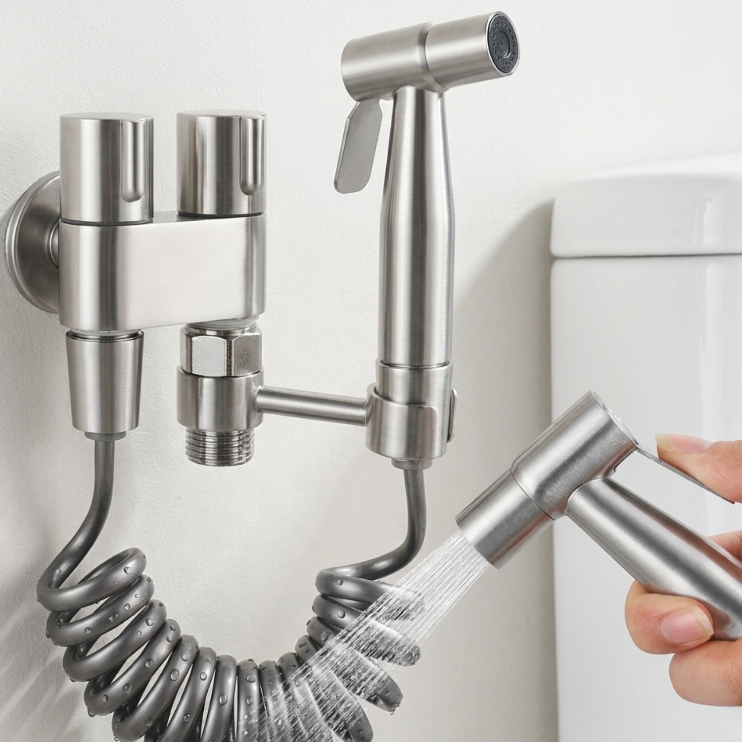 Glomma - Stainless Steel Bidet Spray Gun Set – Handheld Toilet Hygienic Shower with Double Outlet Angle Valve