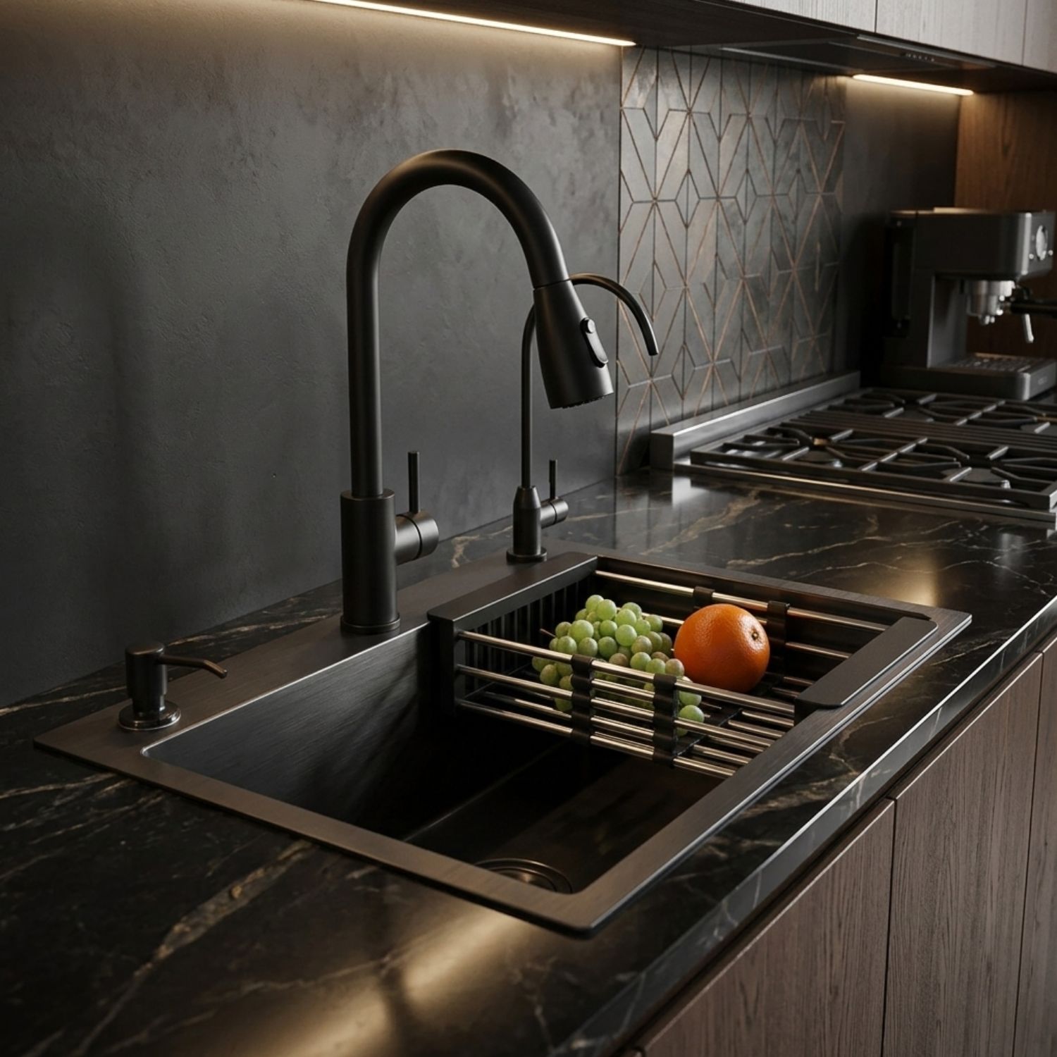 Modern kitchen sink with black faucet and fruit on a dark countertop.
