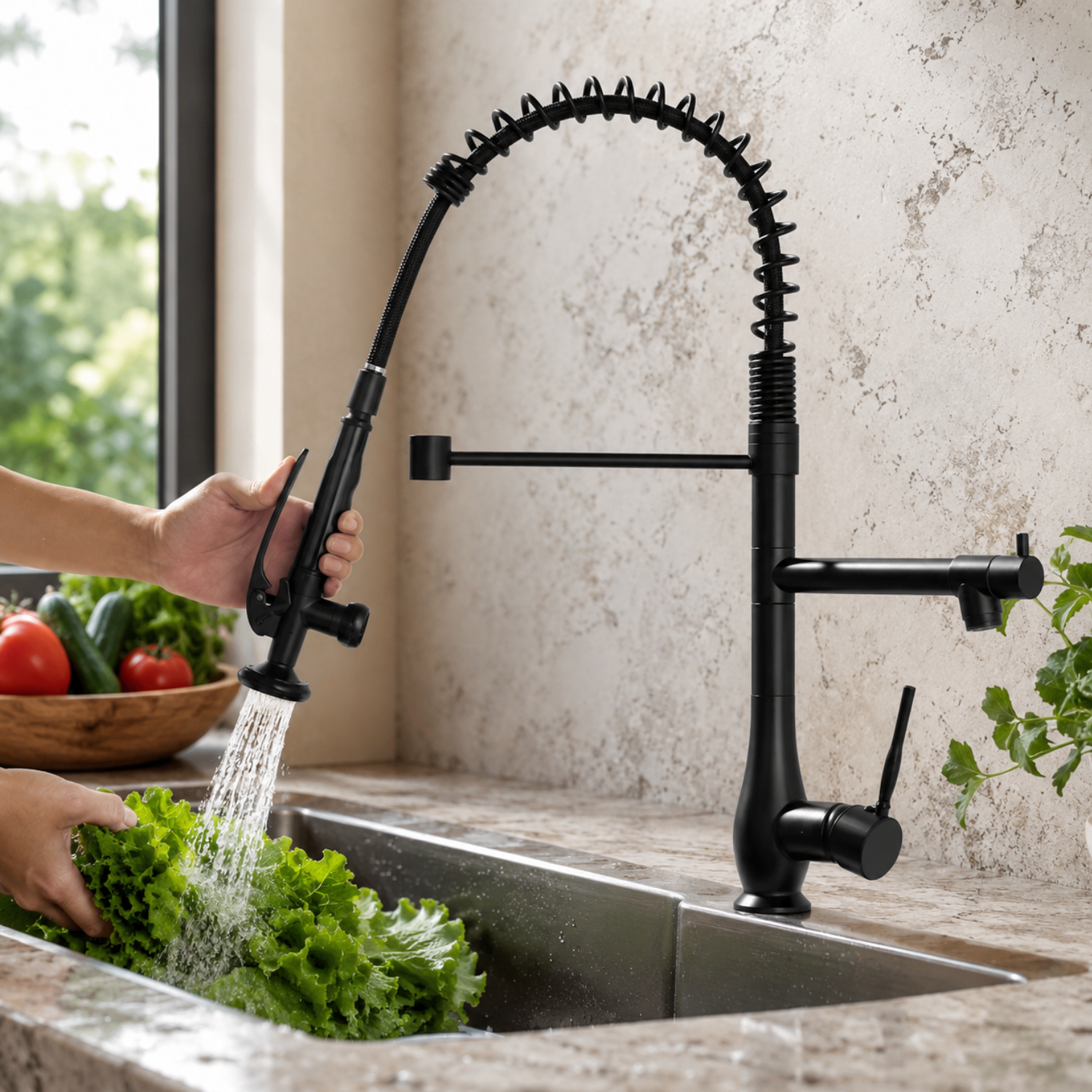 Oulanka - Commercial Single-Handle Kitchen Faucet with Dual-Outlet High-Arc Spring Sink Tap