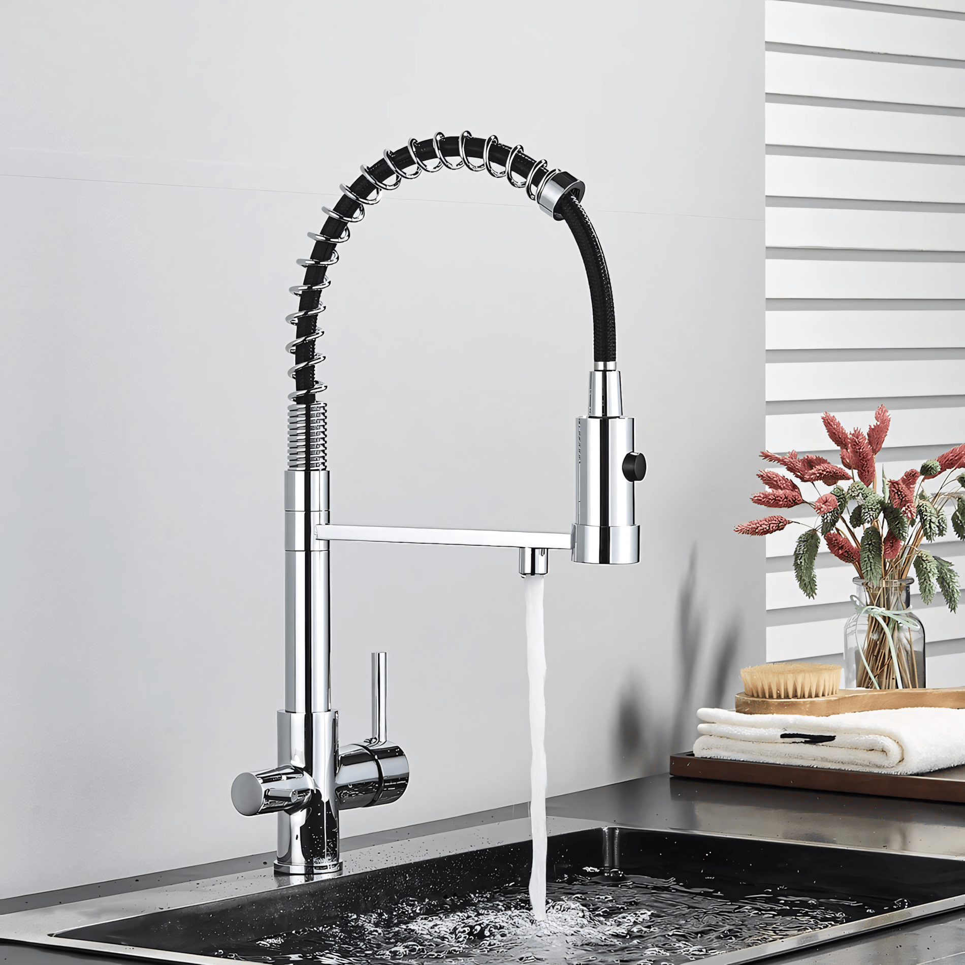 Modern kitchen faucet with a pull-down spray head in a kitchen setting.