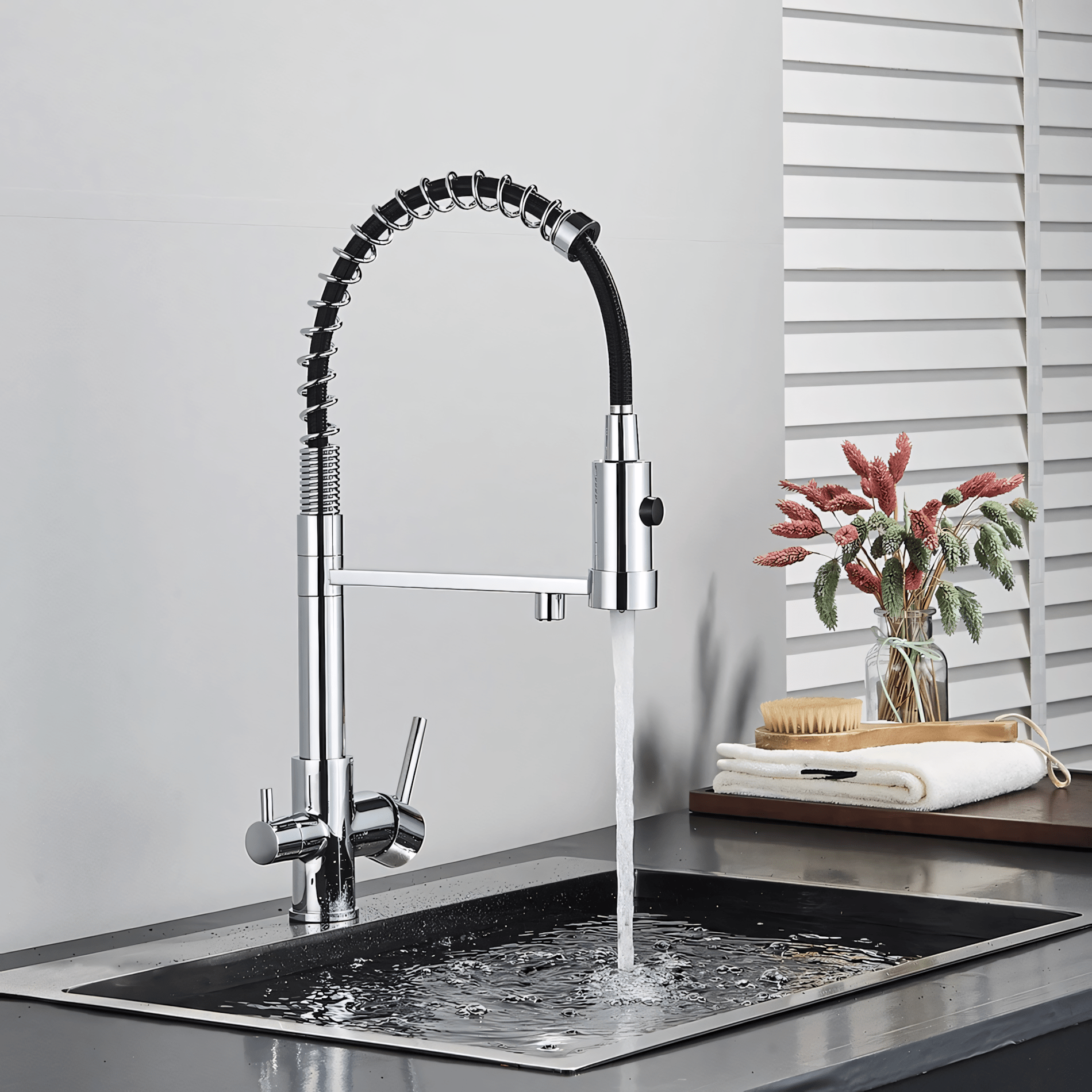Modern kitchen faucet with water flowing into a sink, with a neutral background.