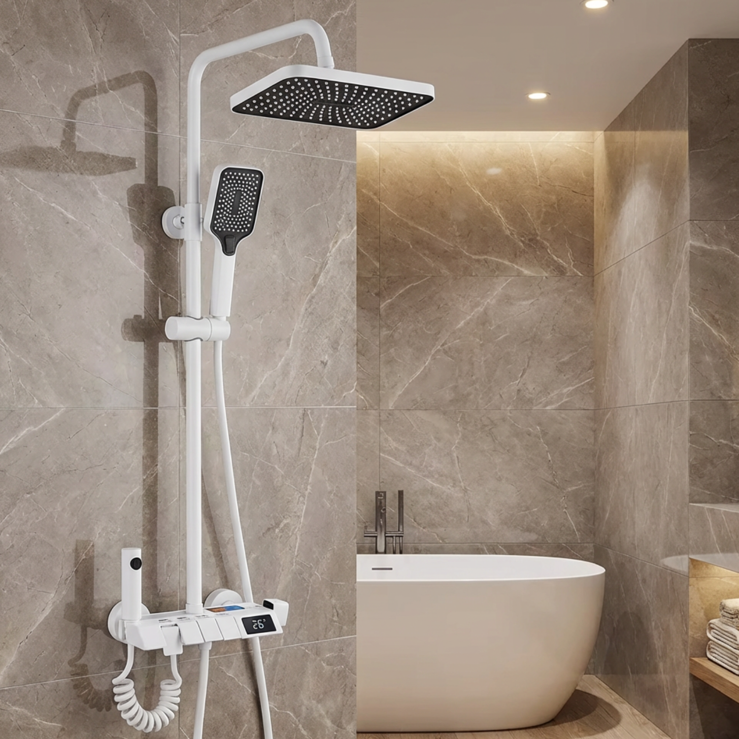 Turku - Digital Thermostatic Shower Faucet Set with LED Temperature Display 4 Function Rainfall Shower System Wall Mounted Hot Cold Mixer