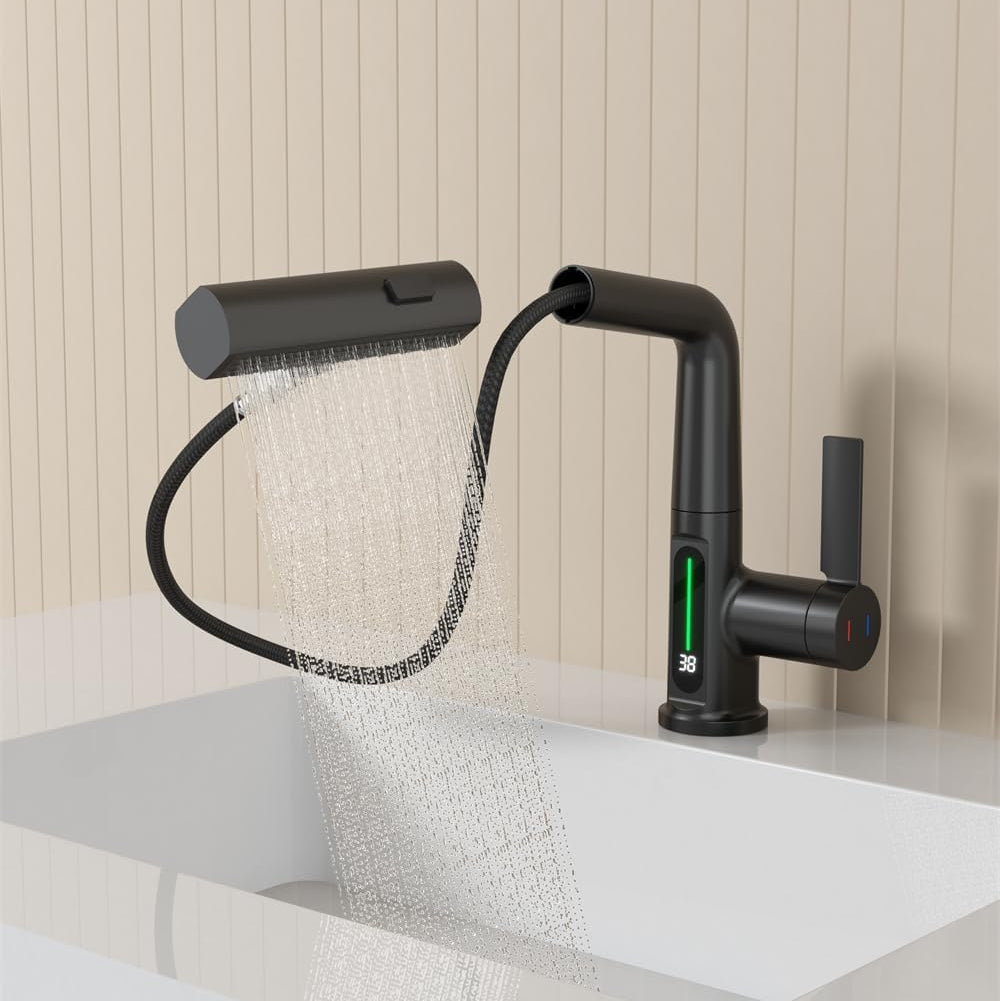 Pull-out spout with waterfall mode of a smart faucet with a screen