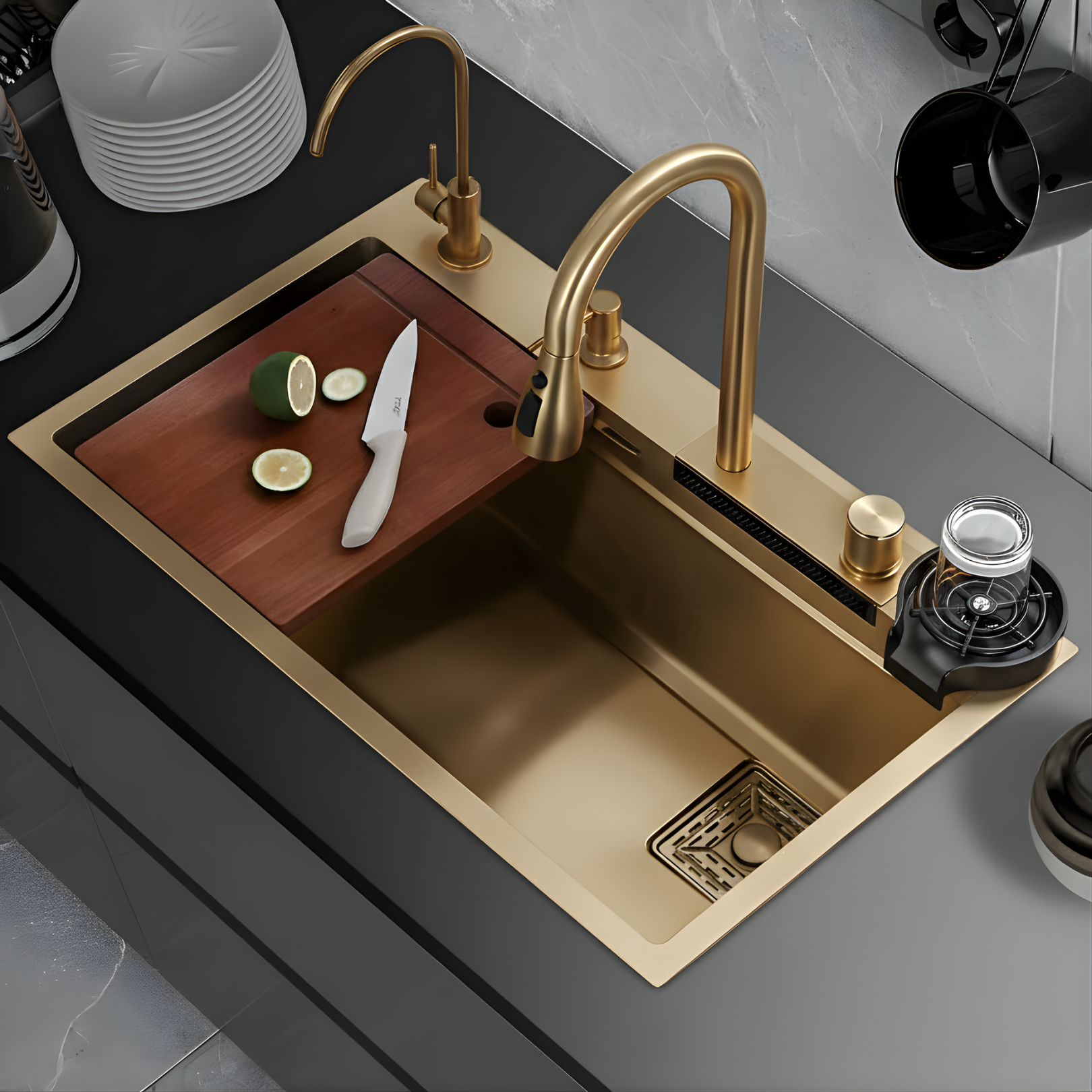 Gold kitchen sink with cutting board and knife on a countertop