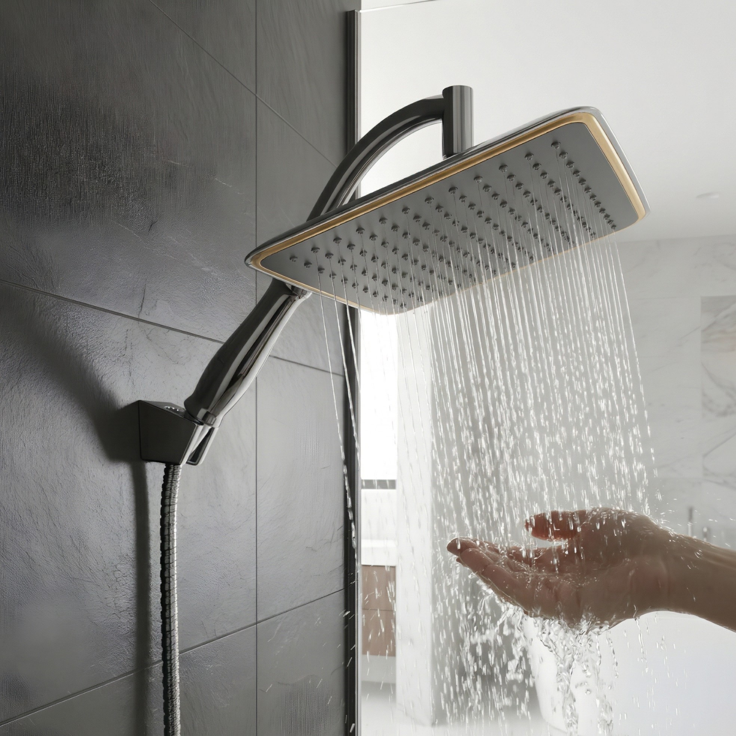 Falun - 9-Inch 360° Rotating Rainfall Shower Head Set with Handheld, Extension Arm, Chrome ABS (Water Saving)