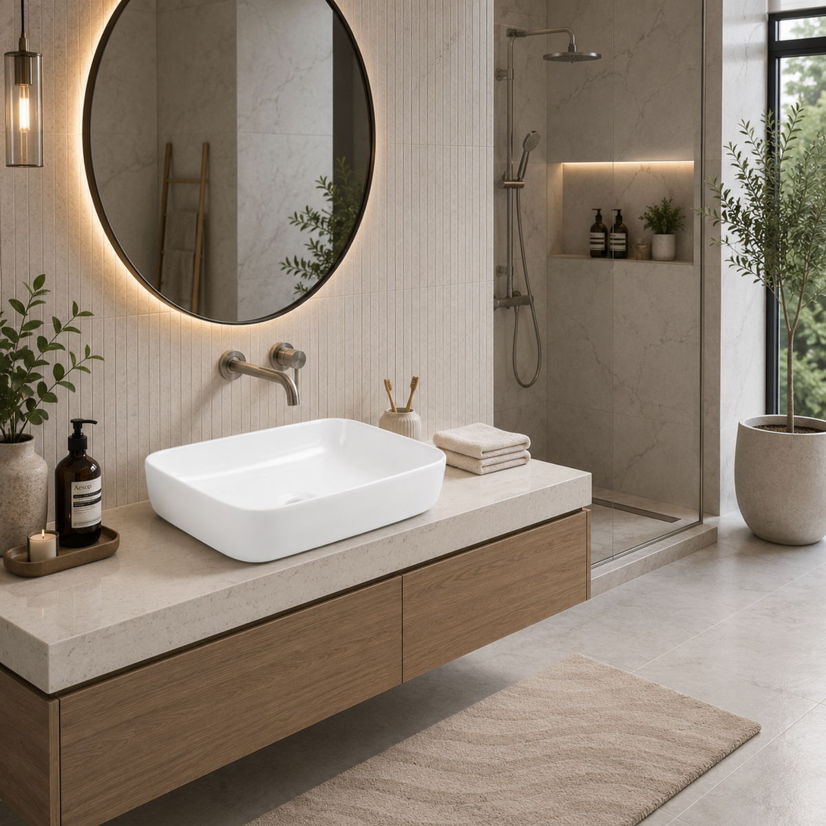 Orkla - Semi-Recessed Rectangular Ceramic Bathroom Vessel Sink