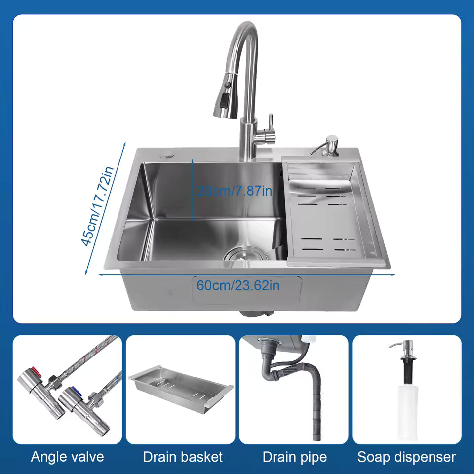 Klopeiner - 23.62" Stainless Steel Undermount Kitchen Sink with Pull-Out Faucet - Single Bowl Workstation Sink for Kitchen, Laundry & Bathroom