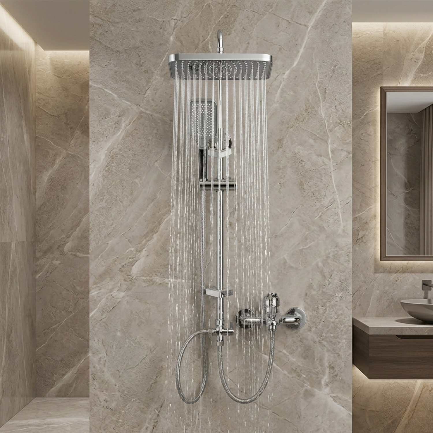 Sarek - Rainfall Shower Column Set with Handheld Shower & Wall Mounted Mixer Tap